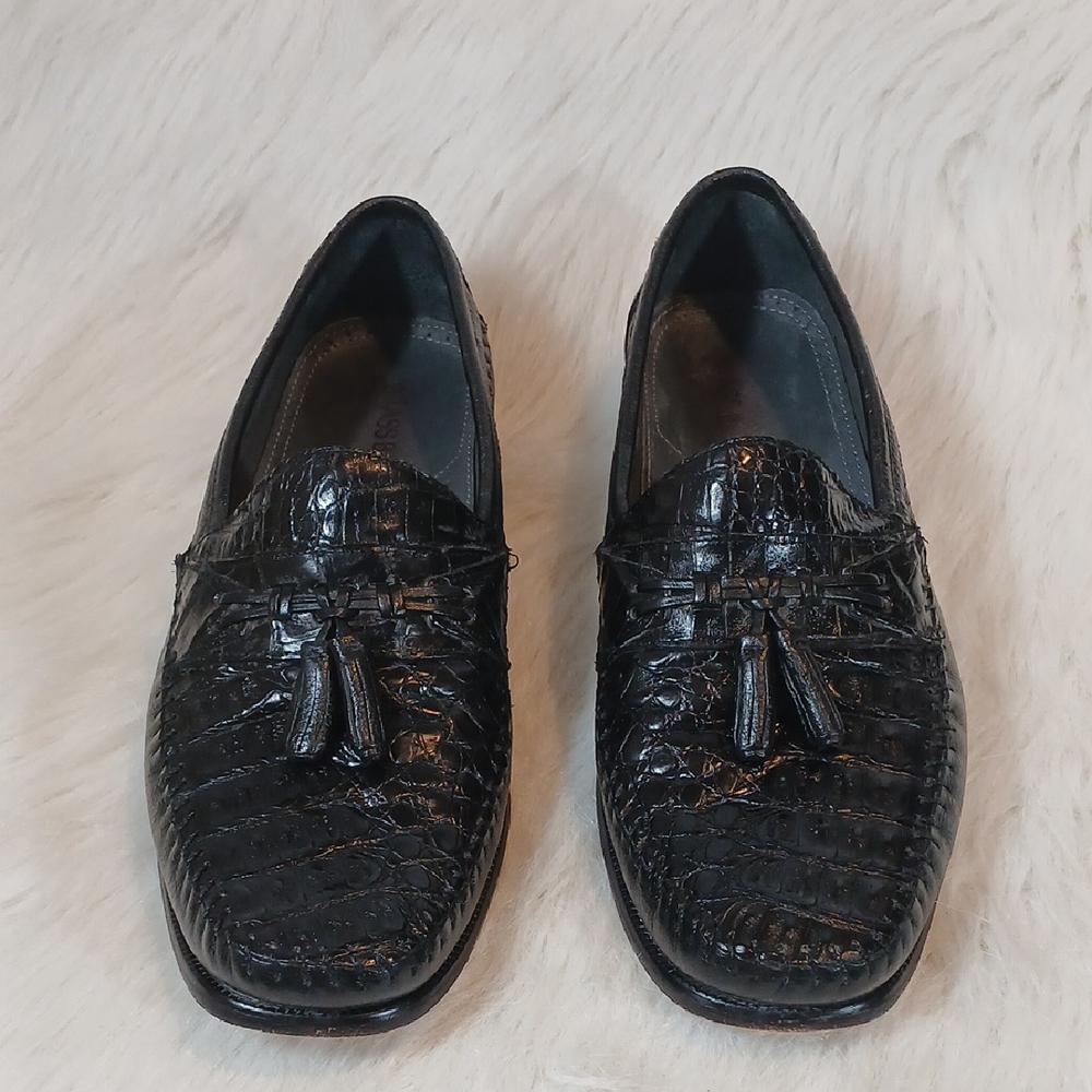 BrassBoot Black Leather Genuine Caimen Alligator Tassel Loafers Men Sz 10.5